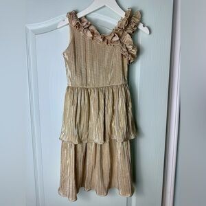 Janie & Jack X Rachel Zoe Metallic Gold Ruffled One-Shoulder Dress Sz 7 Rare!